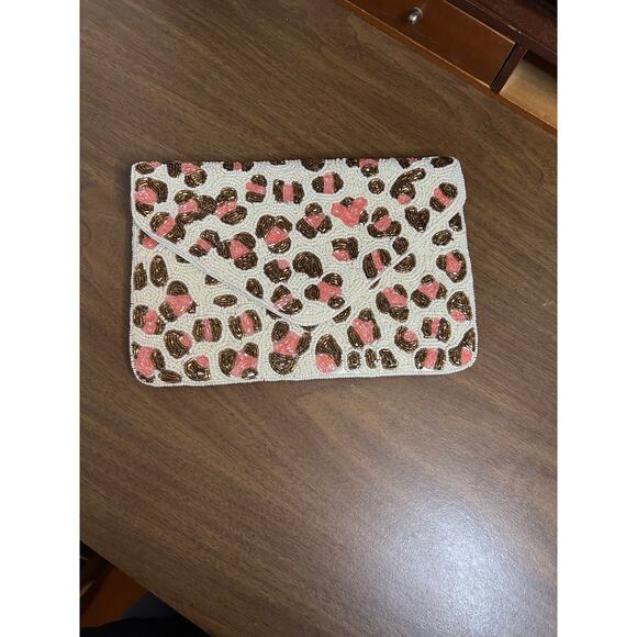Beaded Leopard Print Envelope Clutch Crossbody Pink & Bronze Beads Evening Bag - Picture 1 of 5
